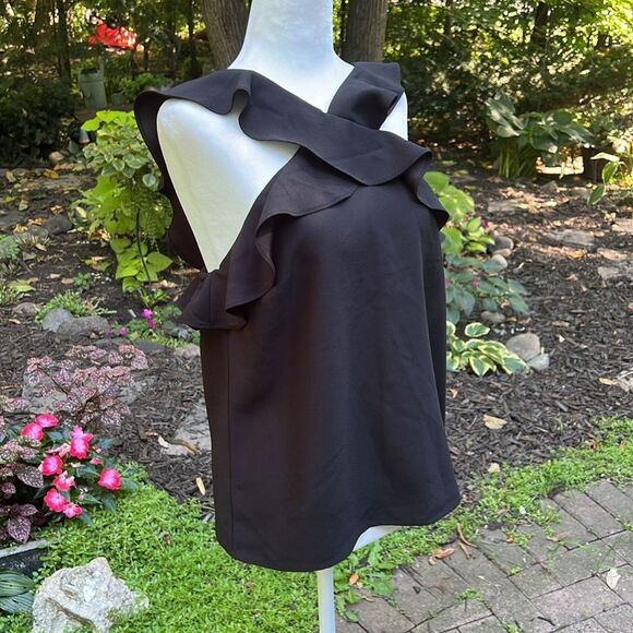 Banana Republic Black Criss Cross Ruffle Sleeveless Blouse Women’s Size Small - Picture 2 of 14